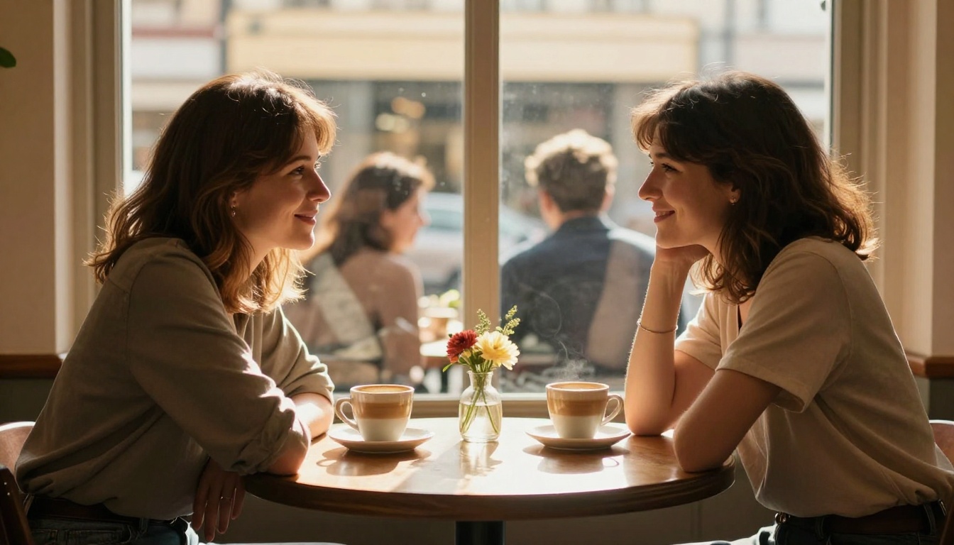 Two women sharing easy, warm conversation over coffee at a cafe table