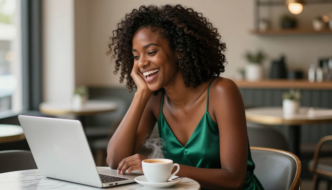 Beautiful African woman with natural hair in emerald dress at marble cafe table, laughing at laptop screen