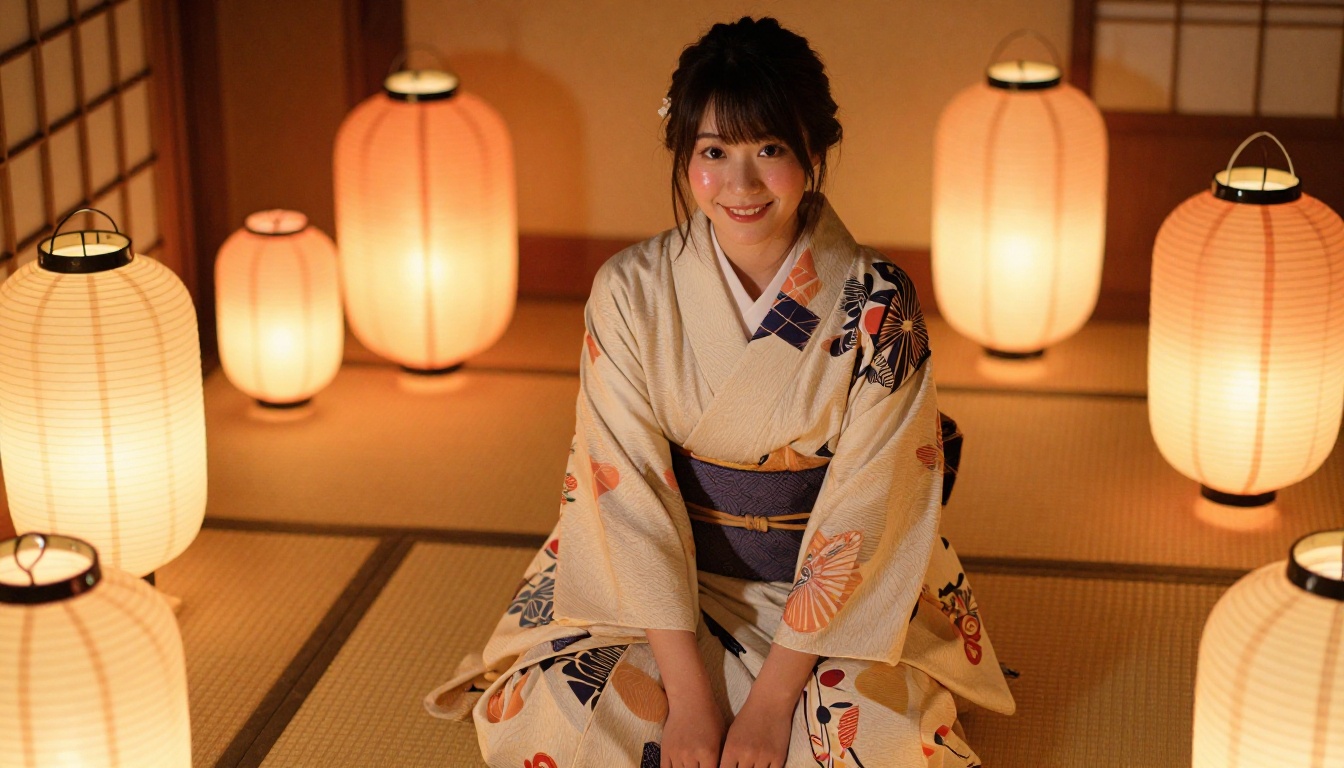 Japanese woman in flowing kimono-inspired outfit sitting on tatami mat surrounded by glowing paper lanterns