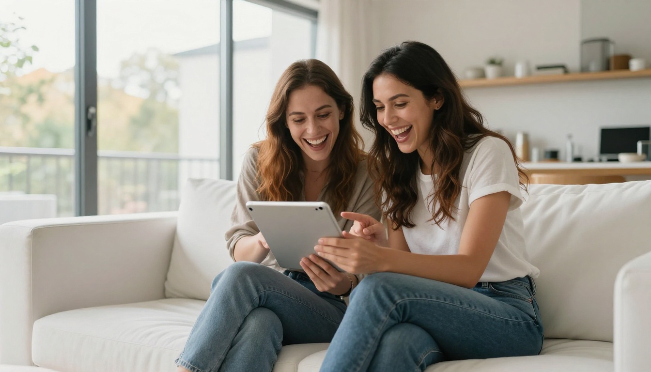 Two women sharing a tablet on a bright modern sofa, laughing and pointing at the screen together
