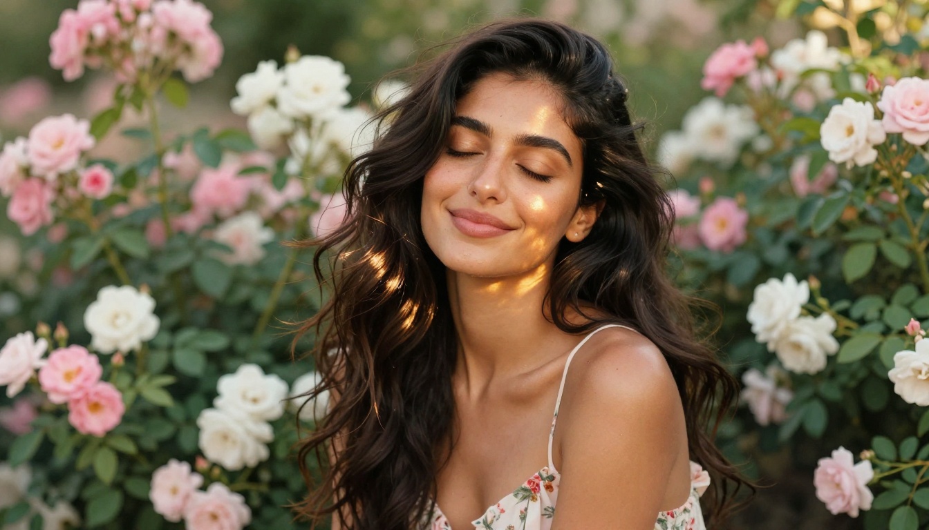 Middle Eastern woman with honey-golden skin in floral sundress in a lush rose garden, smiling with eyes closed