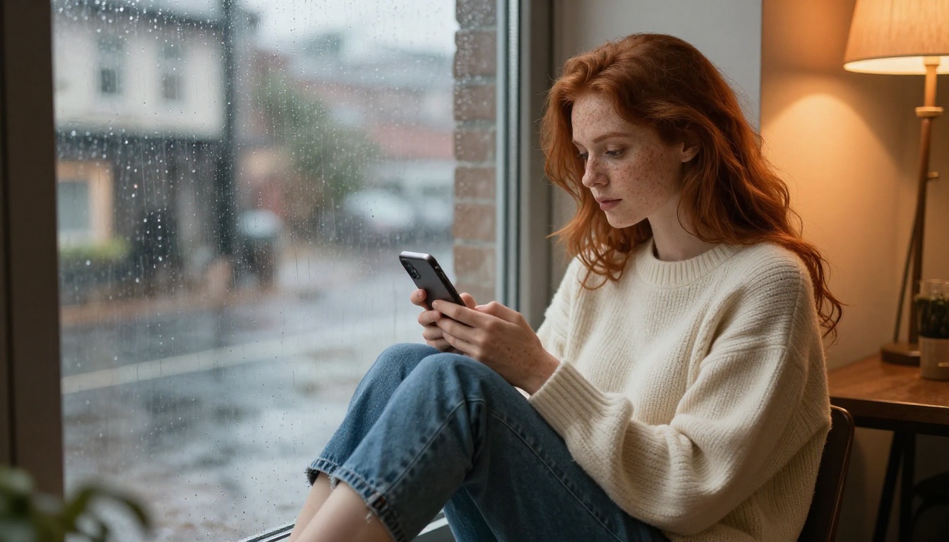 Beautiful redhead woman with freckled skin in cream knit sweater curled on window seat reading phone during rainy afternoon