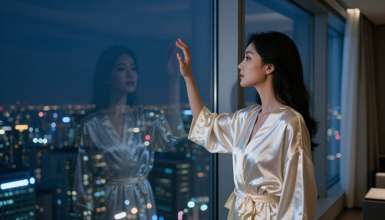 Elegant Asian woman in cream silk robe by floor-to-ceiling panoramic windows at night with city lights below