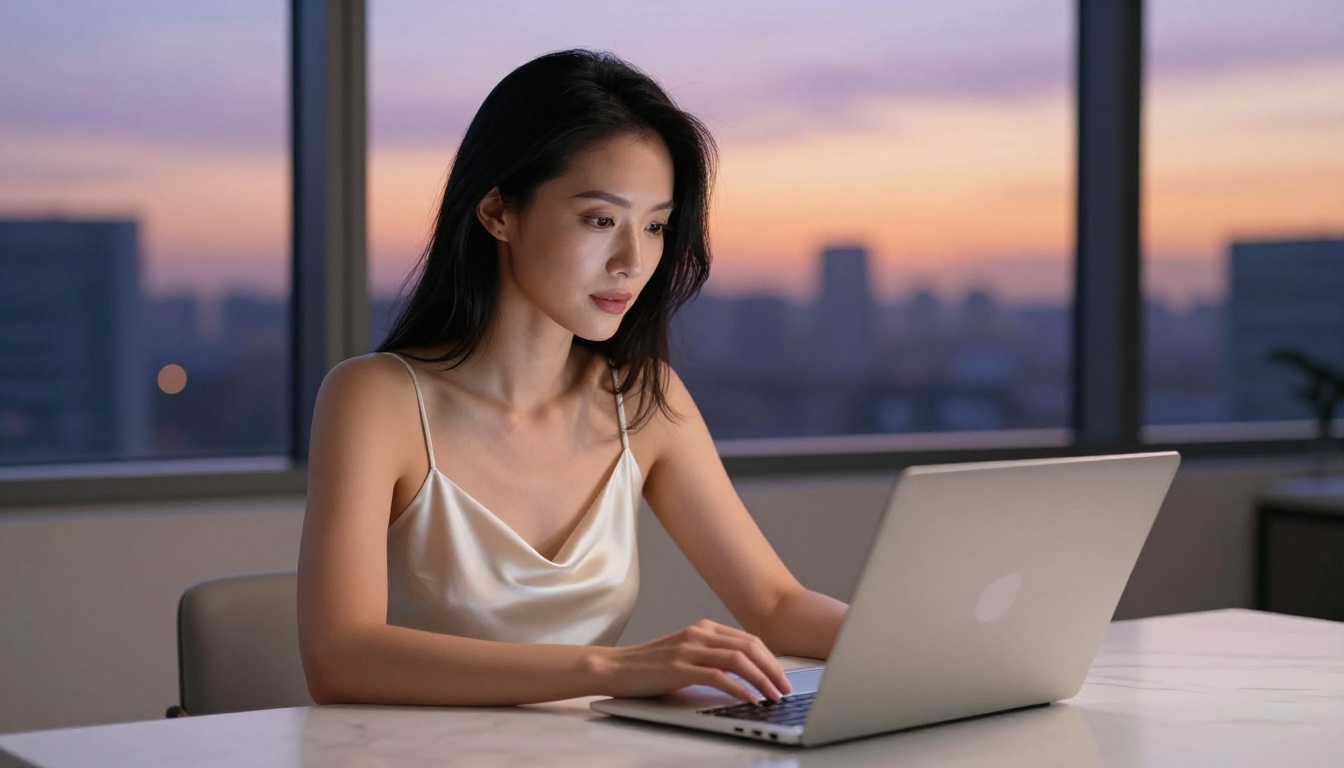 A gorgeous Asian woman in an elegant satin camisole lit by a soft glowing laptop screen in a private late-night setting A gorgeous Asian woman in an elegant satin camisole lit by a soft glowing laptop screen in a private late-night setting