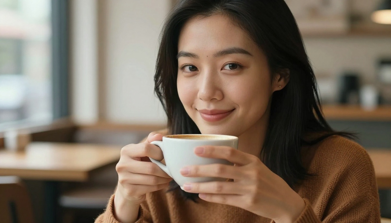 Close-up of a woman with a warm smile at a café, holding her coffee and looking directly at the camera