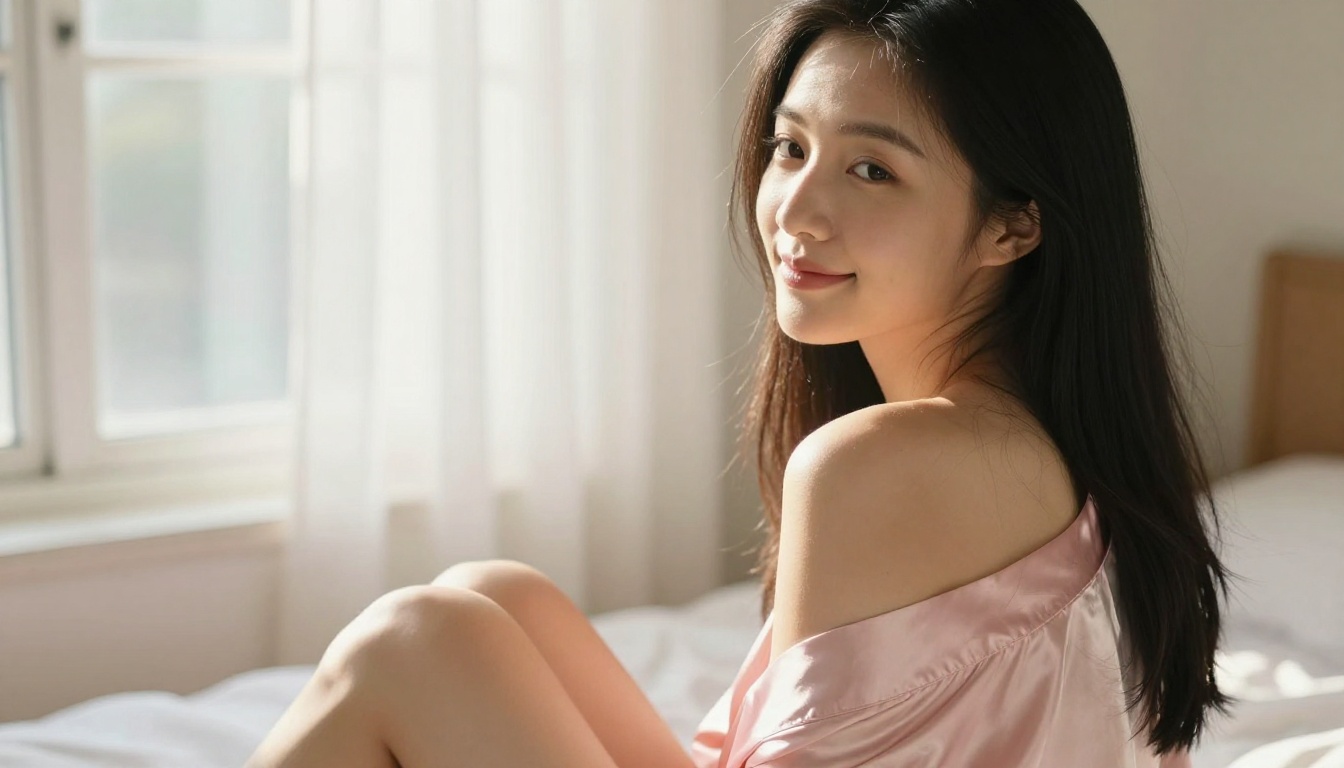 Beautiful Asian woman near bedroom window in pale pink silk robe, morning light