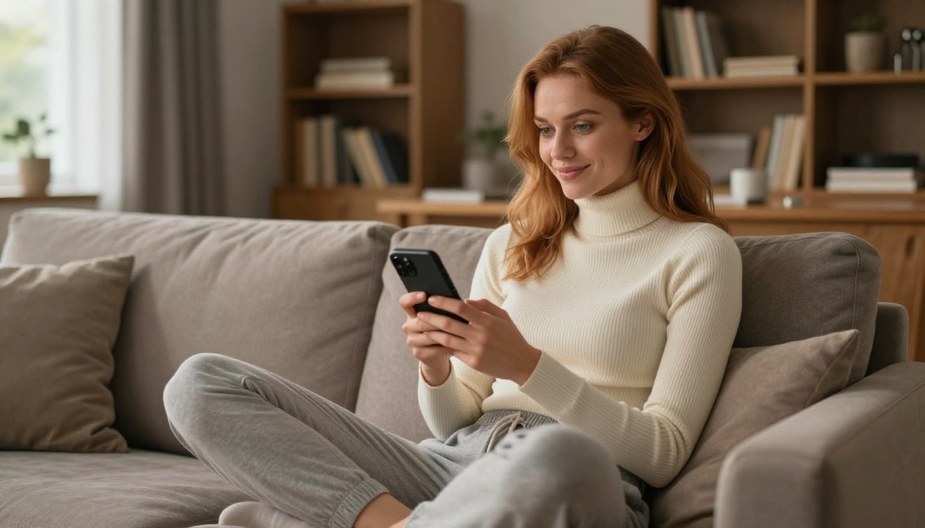 A European woman relaxing on her couch, smiling warmly at her phone in soft afternoon light