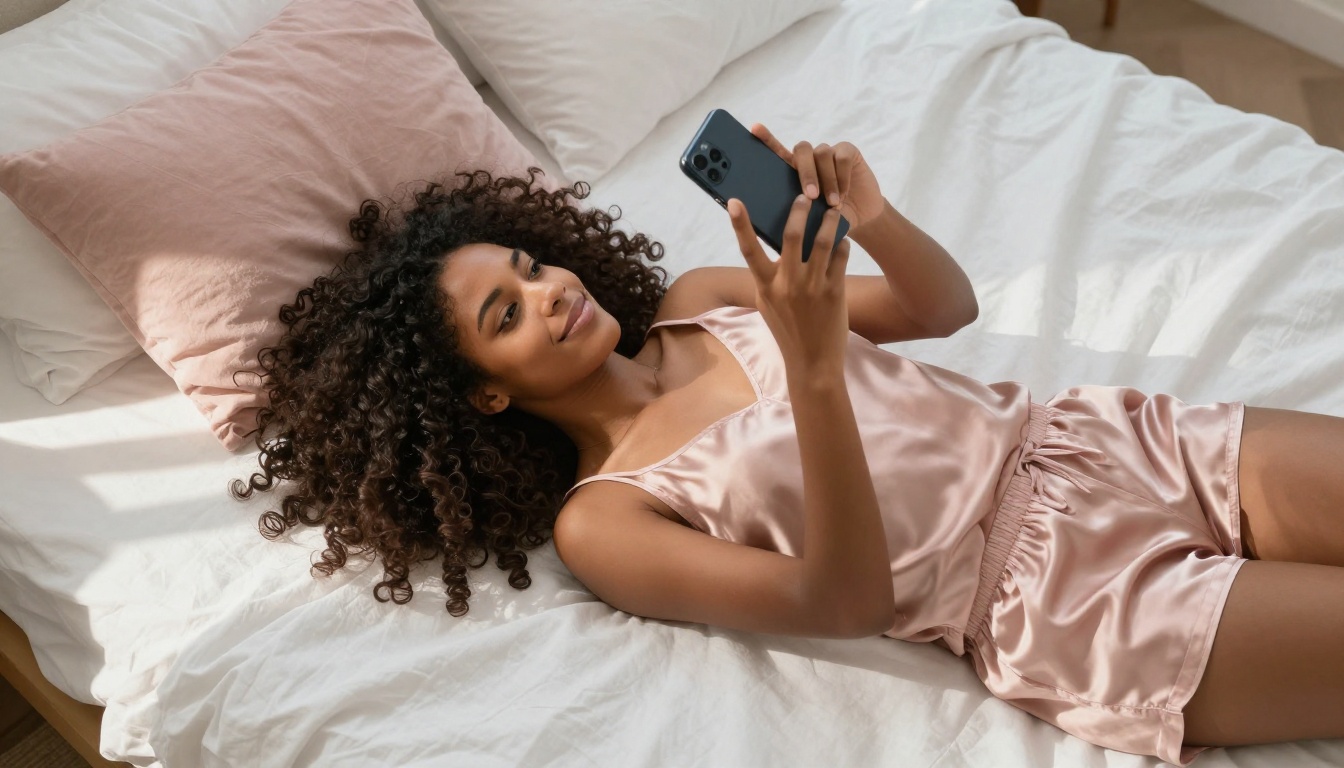 A mixed-race woman lying on her bed holding her phone up, looking at the screen with a dreamy, happy expression
