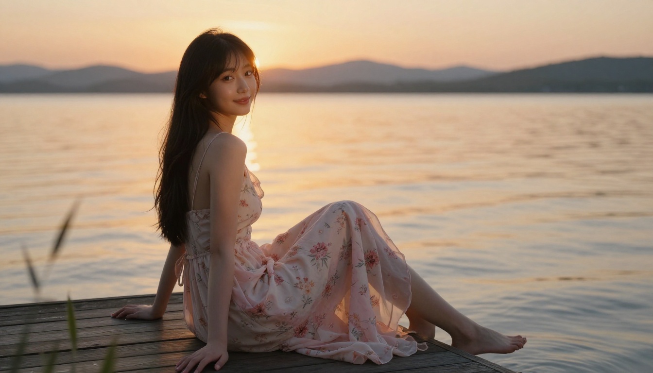 A beautiful Japanese woman in a floral slip dress sitting on a dock at golden hour, water reflecting soft orange and gold sunset light A beautiful Japanese woman in a floral slip dress sitting on a dock at golden hour, water reflecting soft orange and gold sunset light
