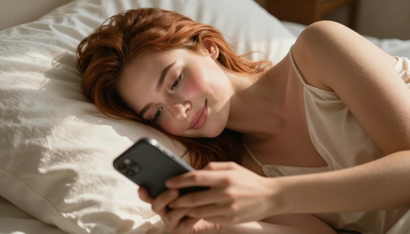Woman holding smartphone with a warm dreamy smile, morning light, intimate mood