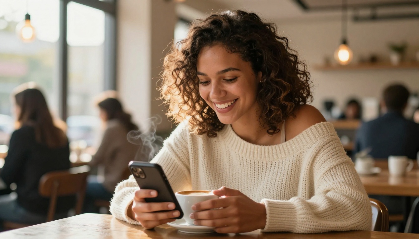 Woman laughing at her phone in a sunlit cafe