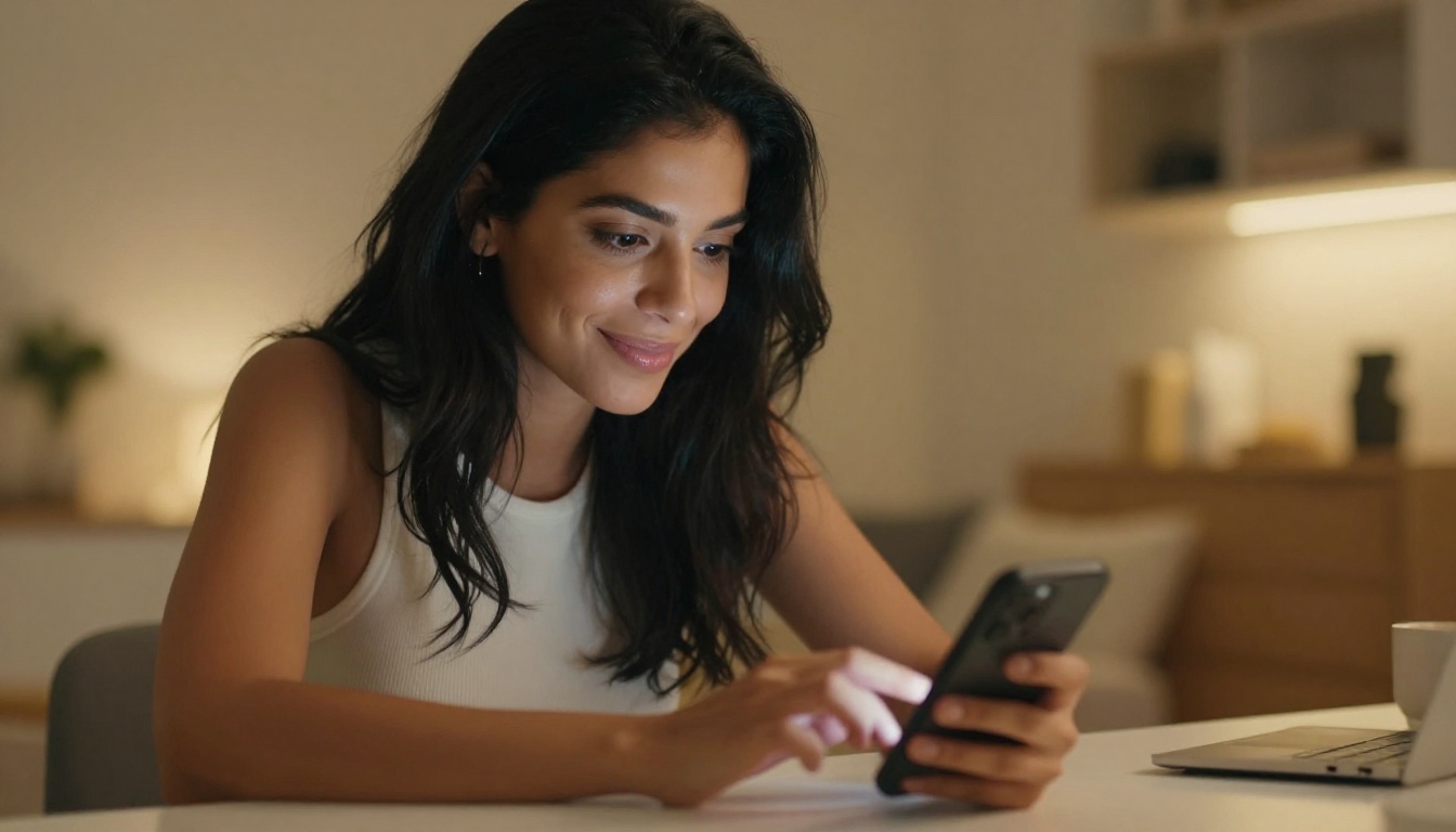 Woman chatting intimately on her phone at a desk
