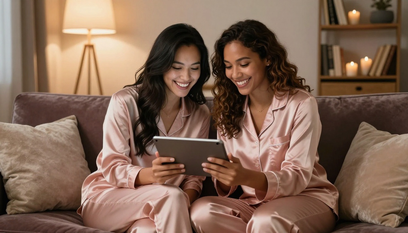 Two women sharing a tablet device together on a velvet sofa, warm indoor lighting, laughing and relaxed in matching satin pajamas Two women sharing a tablet device together on a velvet sofa, warm indoor lighting, laughing and relaxed in matching satin pajamas