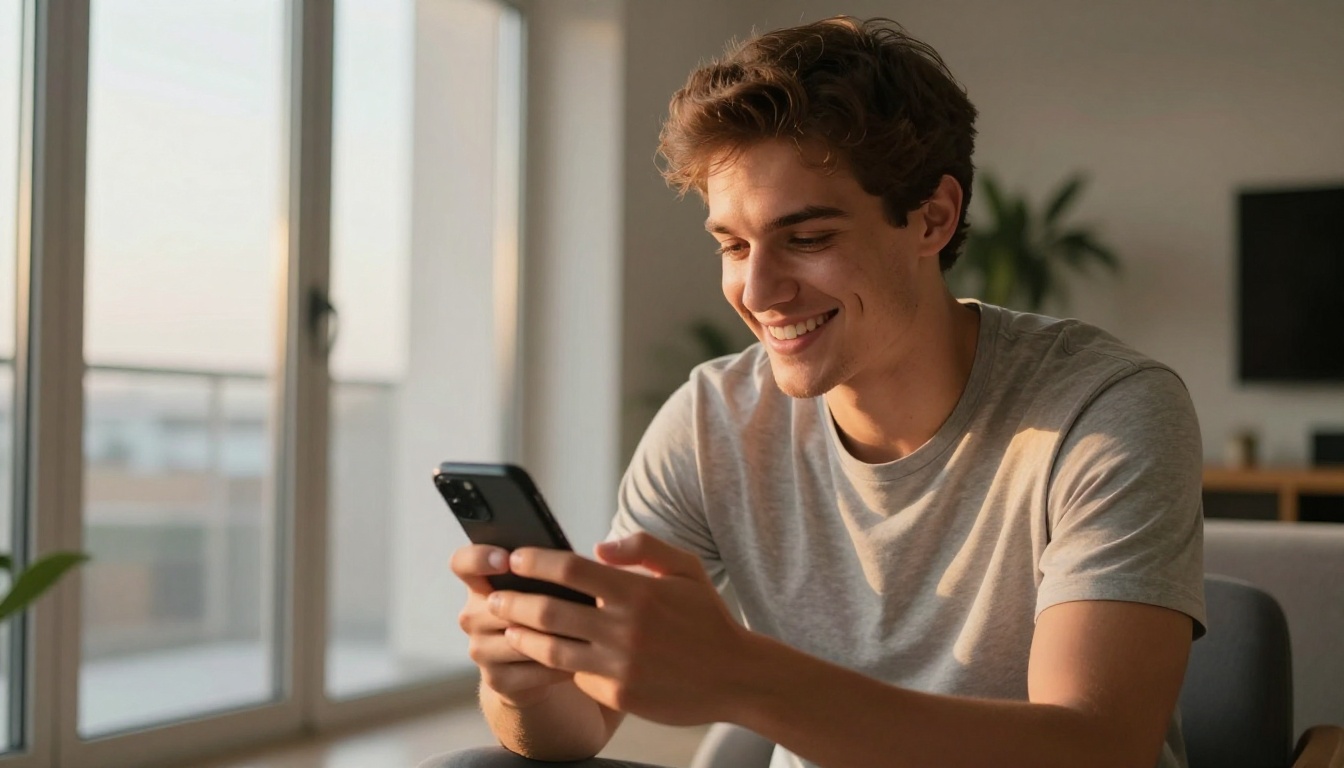 Handsome man smiling at phone in warm apartment light