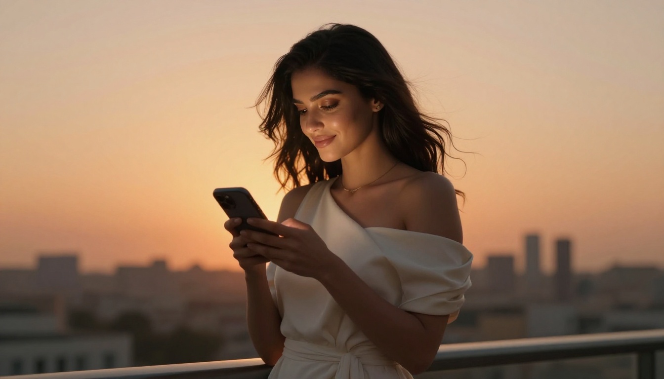 A woman standing on a balcony at golden hour, smiling softly at her phone against a warm sunset sky