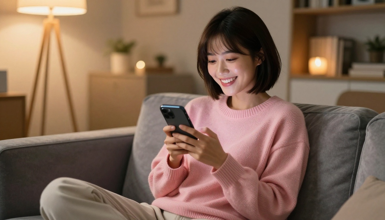 Asian woman smiling while using her phone on a sofa