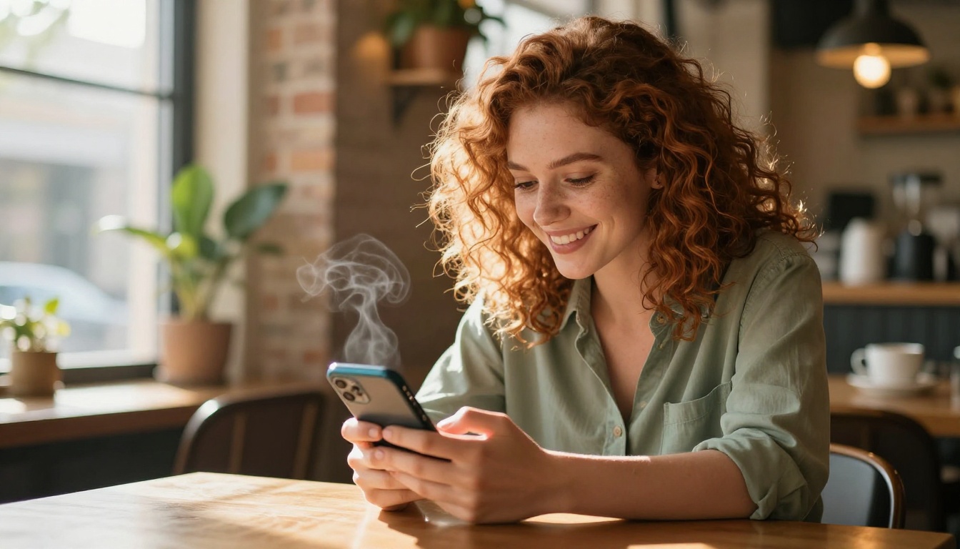 Woman browsing AI companion app on smartphone at cozy cafe