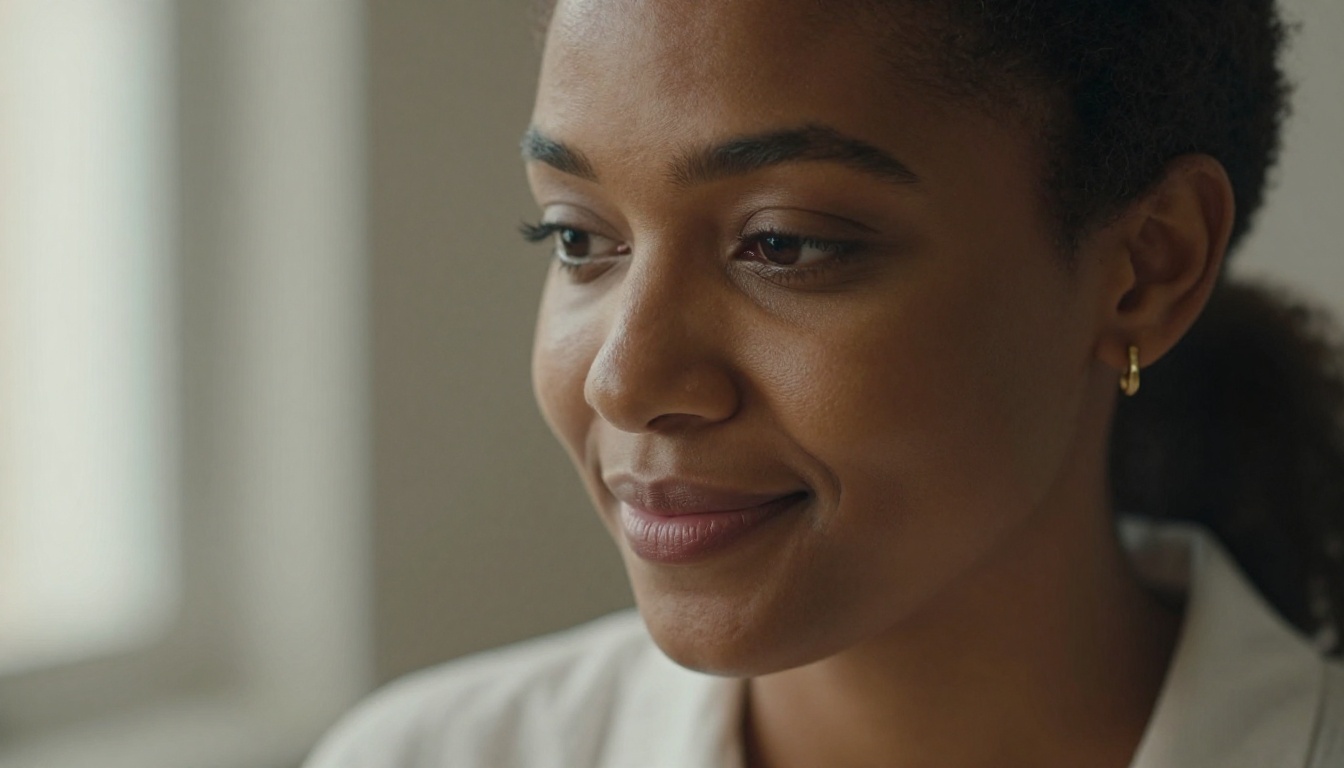 A close-up portrait of a woman with a gentle, tender smile, looking down expressively