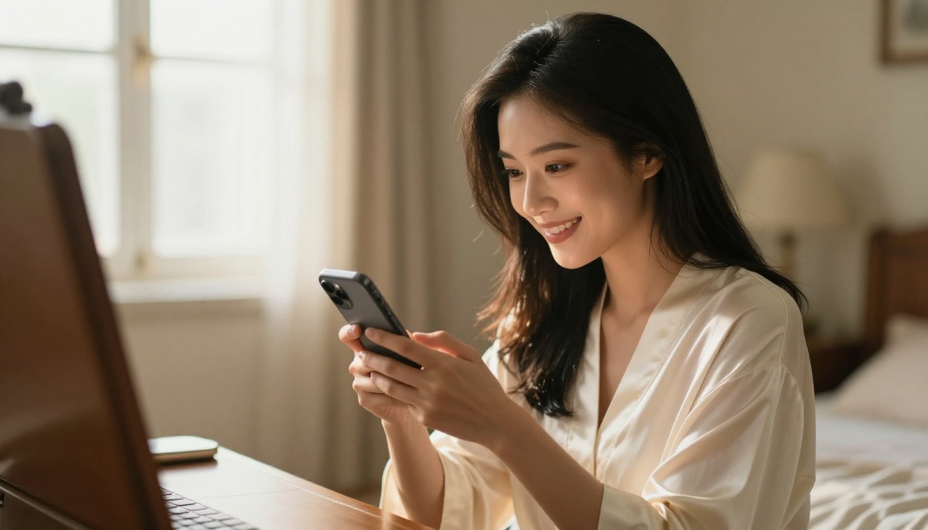 Asian woman with smartphone in soft morning bedroom light