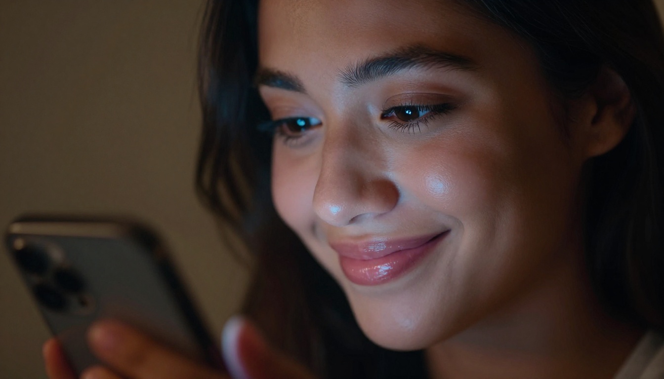 Close-up of a woman's face lit warmly by phone screen glow