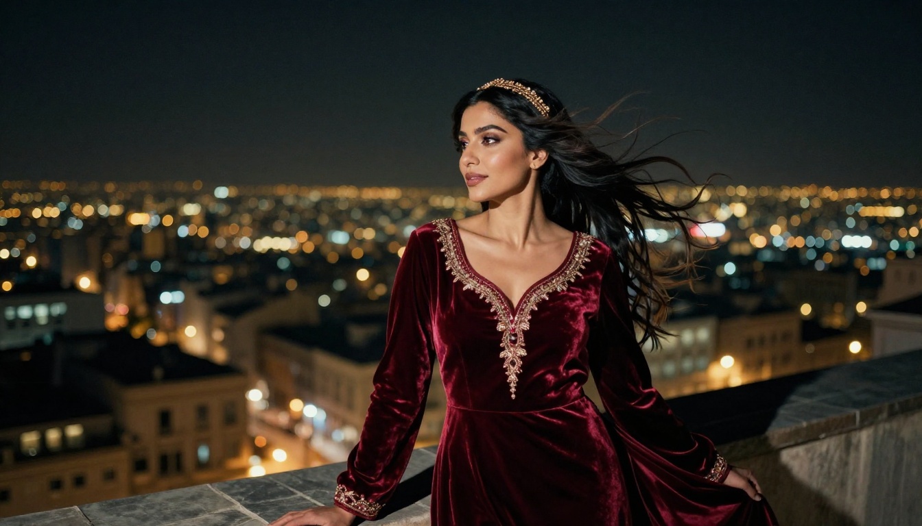 A Middle Eastern woman in a deep red velvet gown standing on a city rooftop at night, wind in her hair, glittering city lights as bokeh background A Middle Eastern woman in a deep red velvet gown standing on a city rooftop at night, wind in her hair, glittering city lights as bokeh background