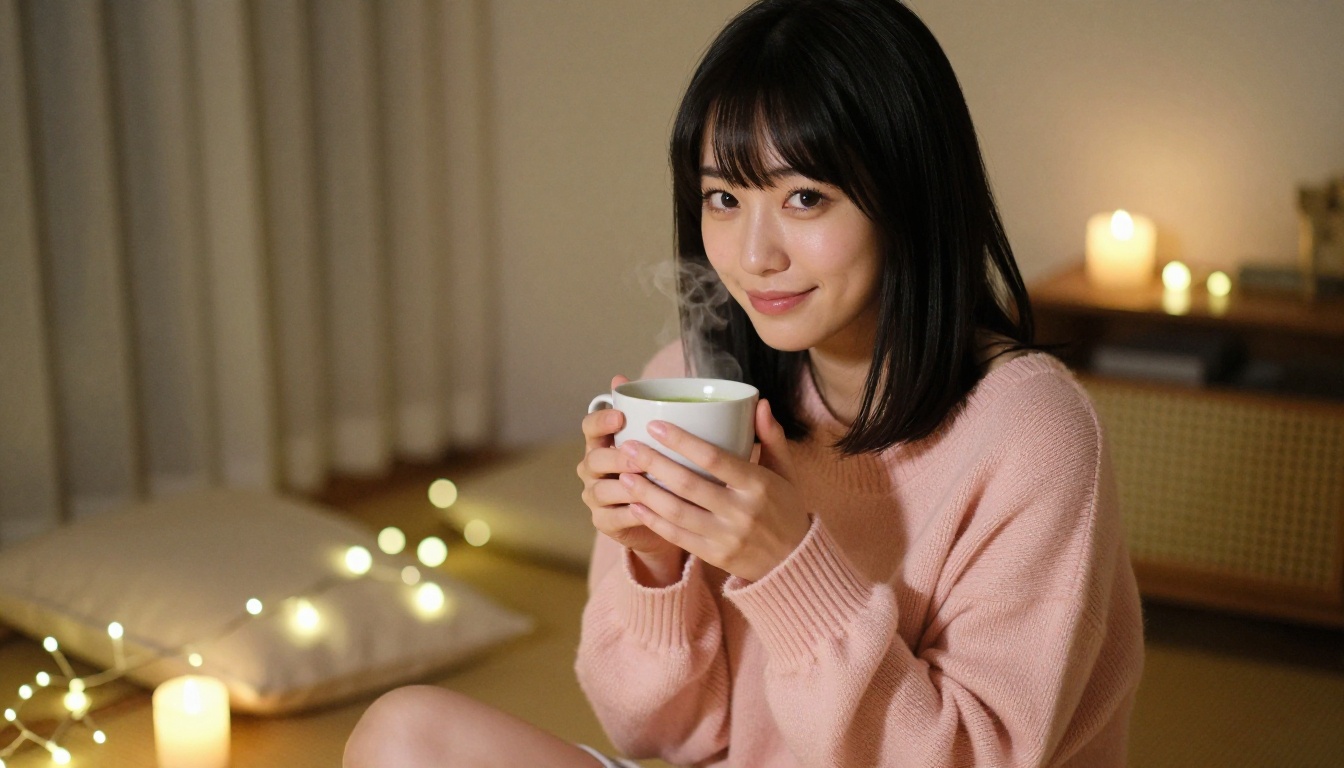 Japanese woman sitting cross-legged with matcha tea, warm fairy lights, soft smile