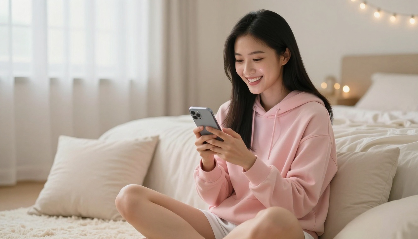Asian woman in cozy bedroom sitting on rug chatting on phone, fairy lights bokeh background