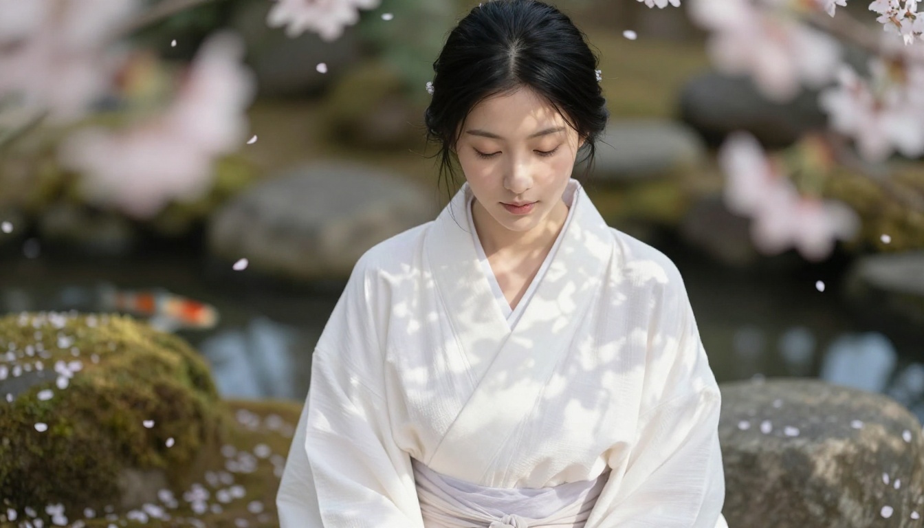 Beautiful Japanese woman in white yukata robe in traditional zen garden, morning light
