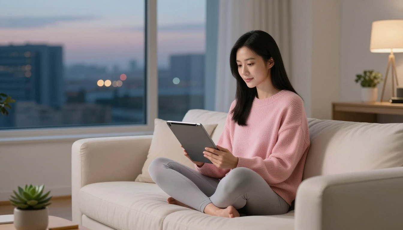 Asian woman relaxing on an ivory couch with a tablet at dusk