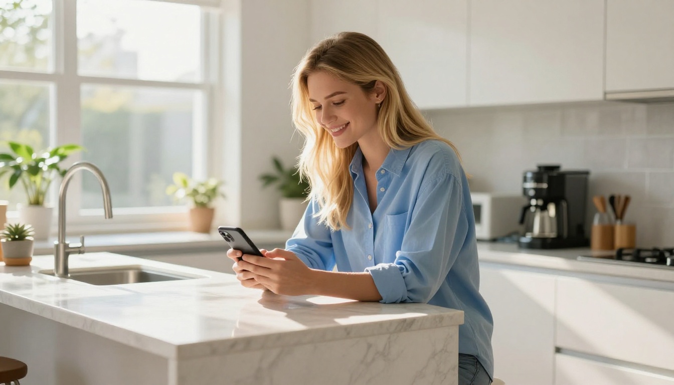 A woman sitting in a bright kitchen in morning light, typing on her phone and smiling to herself