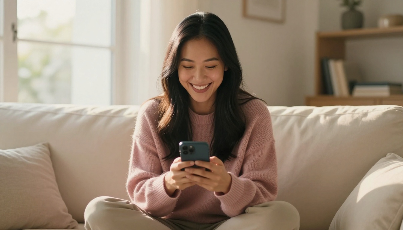 AI companion user laughing on sofa