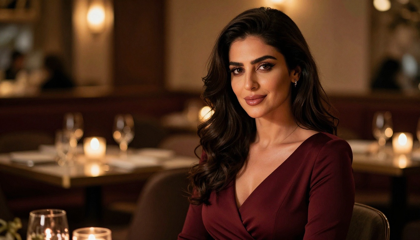 Middle Eastern woman at romantic candlelit restaurant