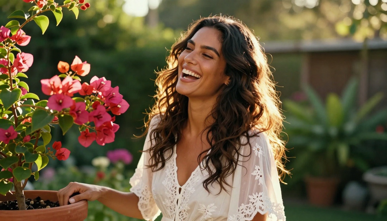 Latina woman laughing in vibrant outdoor garden, golden afternoon sunlight backlighting her hair