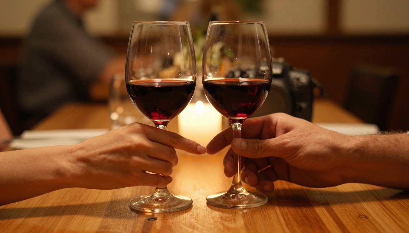 Two hands barely touching across a candlelit restaurant table, shallow depth of field