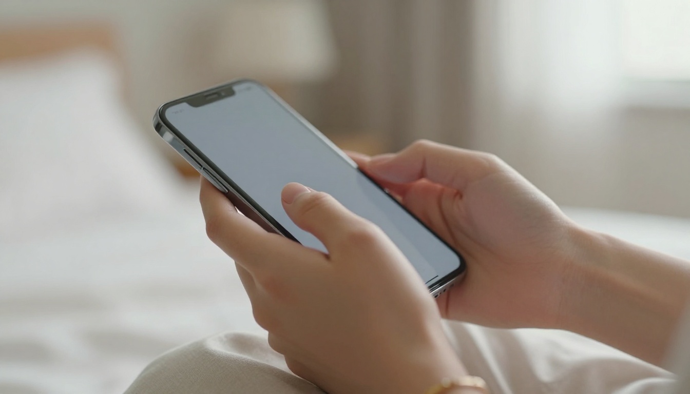Hands holding a phone in a private cozy bedroom