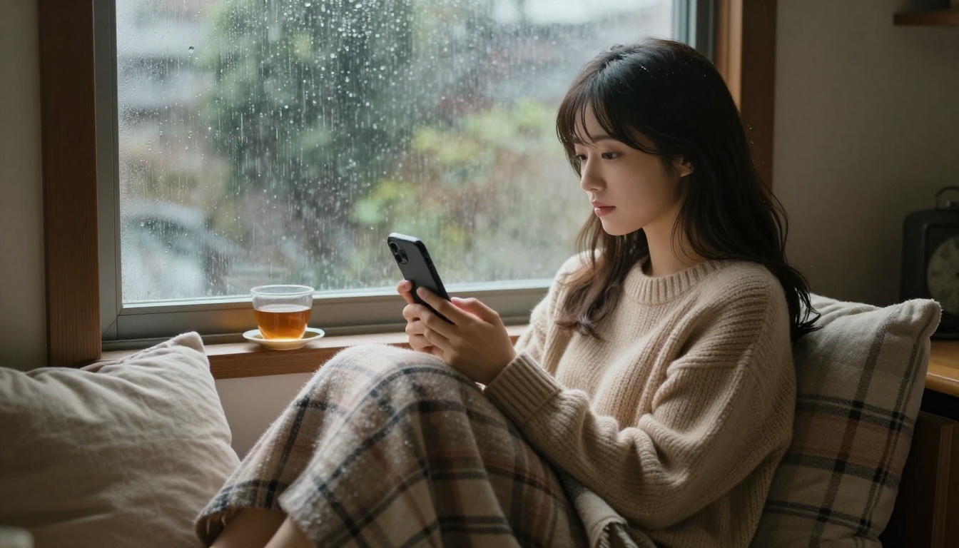 A Japanese woman in a cozy window nook, looking thoughtfully out the rain-covered window while holding her phone
