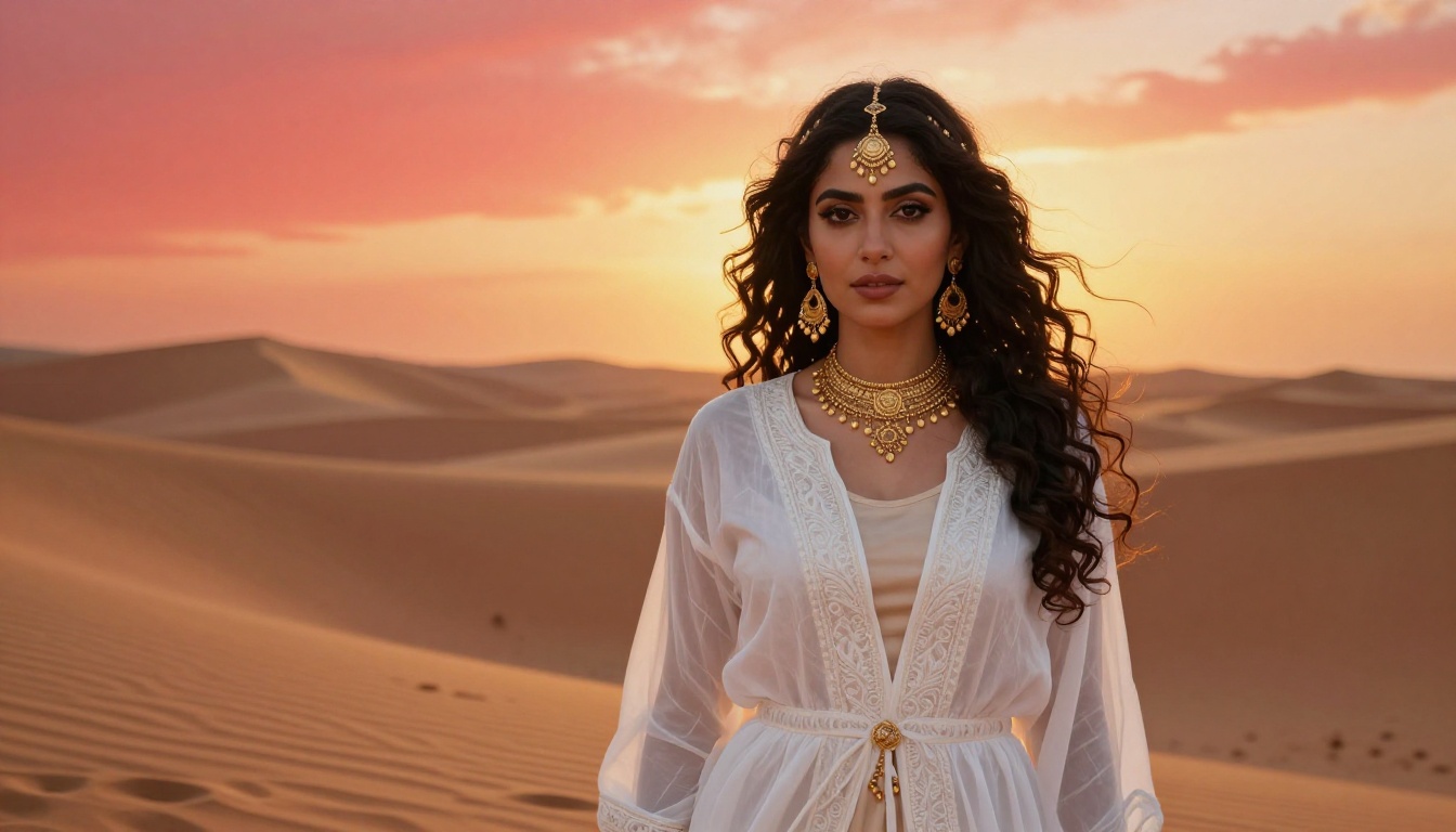 Middle Eastern woman with gold jewelry in flowing sheer blouse, desert sunset