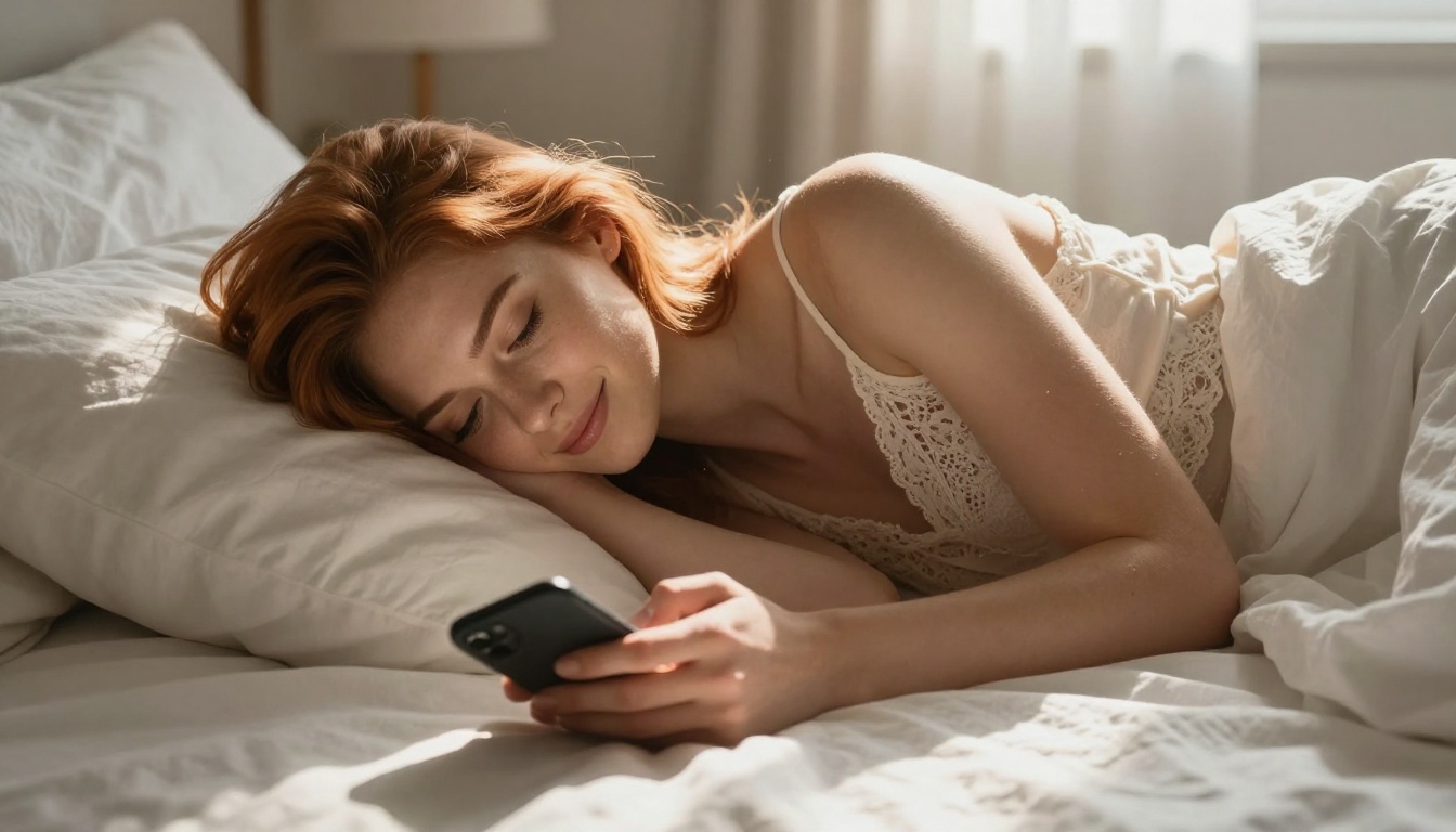 Woman in warm morning light propped on bed looking at phone