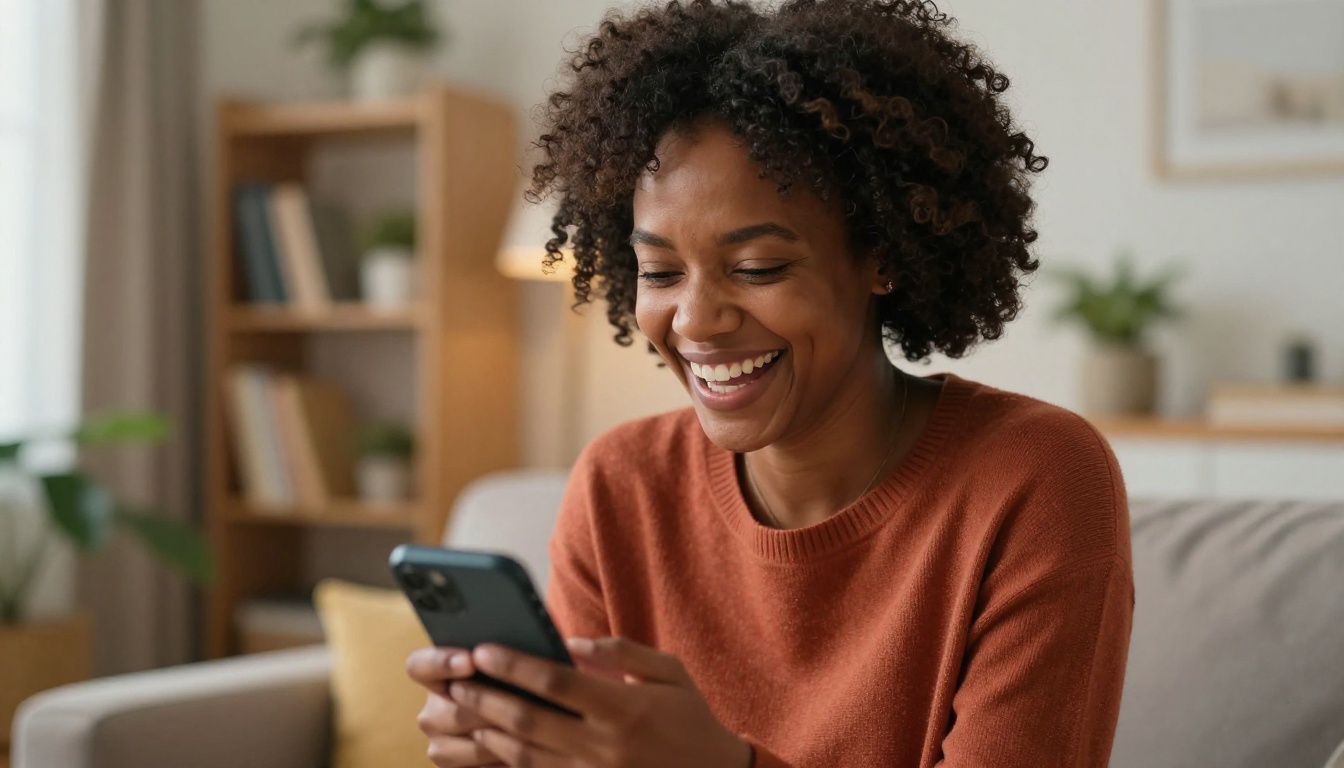 Black woman laughing genuinely at phone in cozy apartment