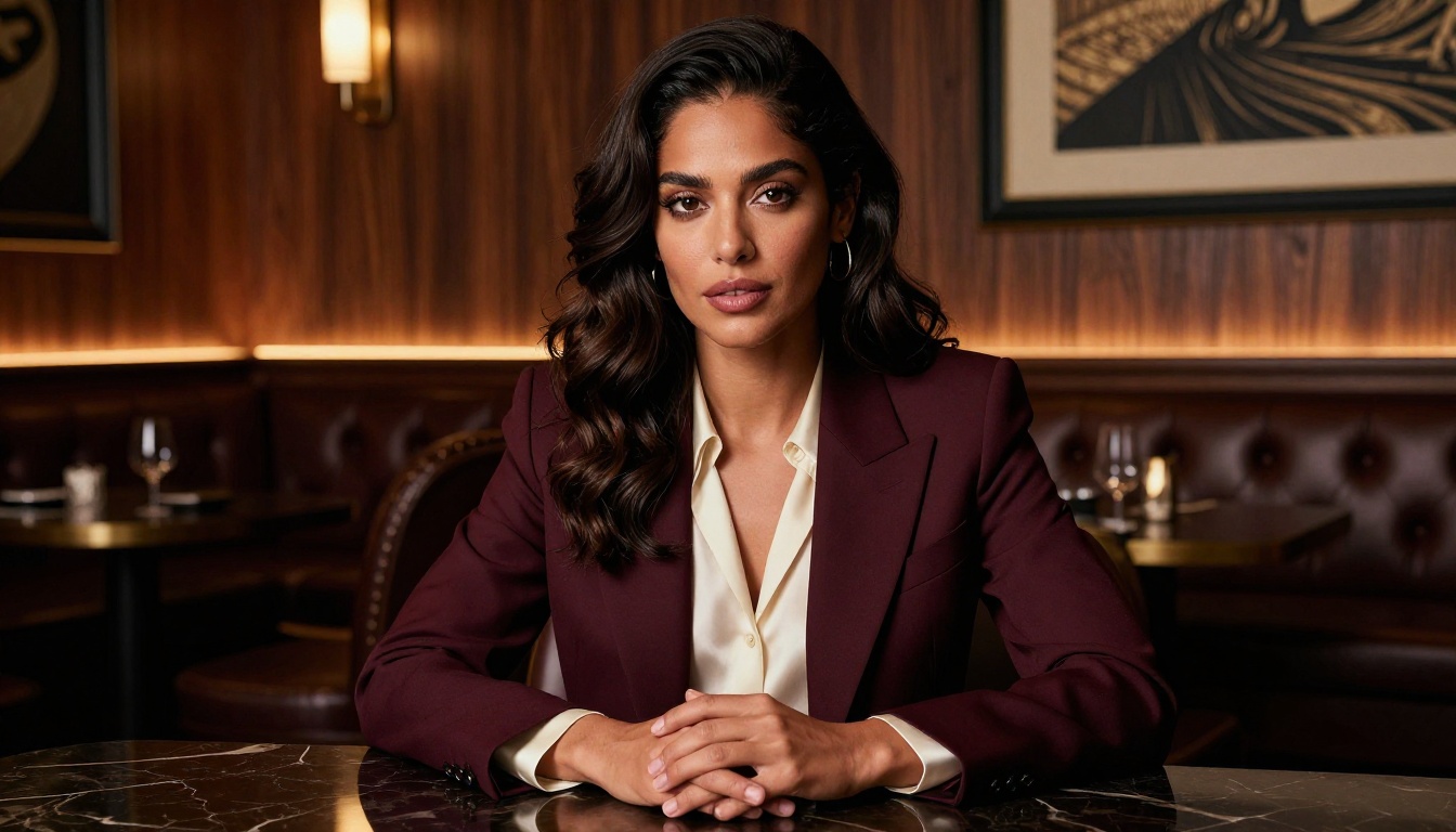 A stunning Mediterranean woman in a burgundy blazer sitting at a dark marble table in a private club, looking directly into camera with calm confidence A stunning Mediterranean woman in a burgundy blazer sitting at a dark marble table in a private club, looking directly into camera with calm confidence