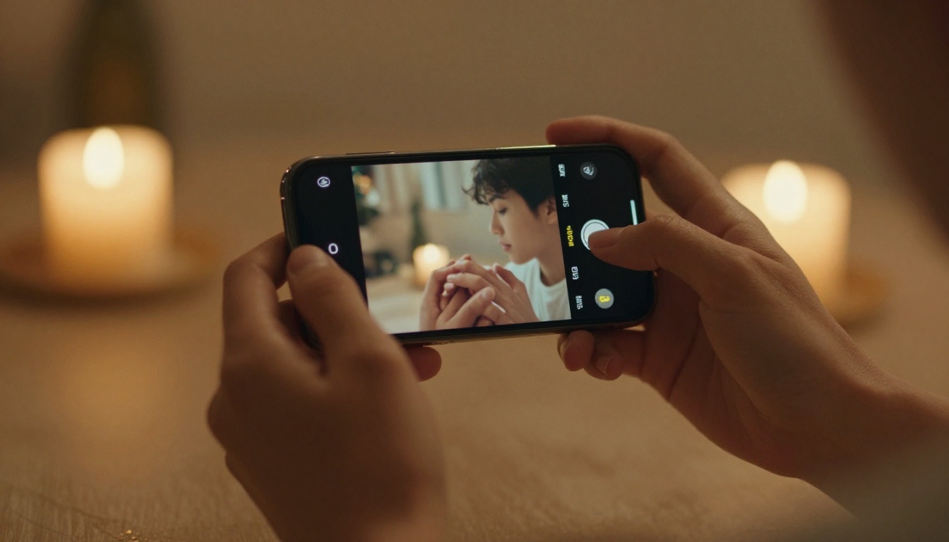 Two hands resting together over a glowing phone screen, warm candlelight bokeh in the background, symbolizing connection
