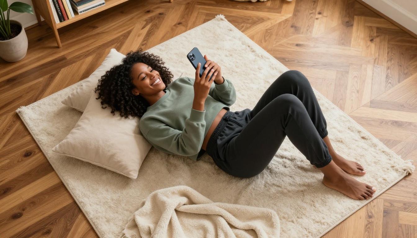 Aerial view of woman lying on cozy rug holding phone up smiling