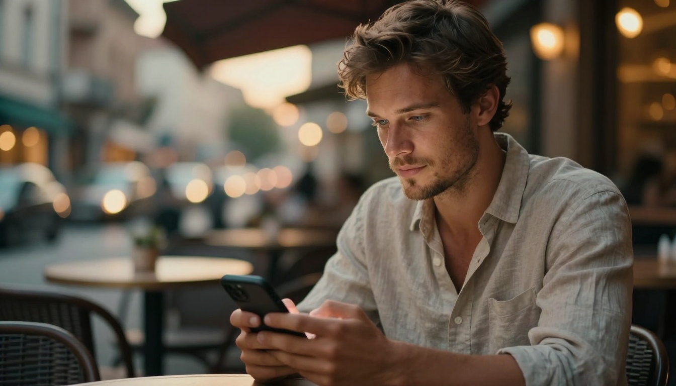 European man at outdoor urban cafe at dusk with city bokeh
