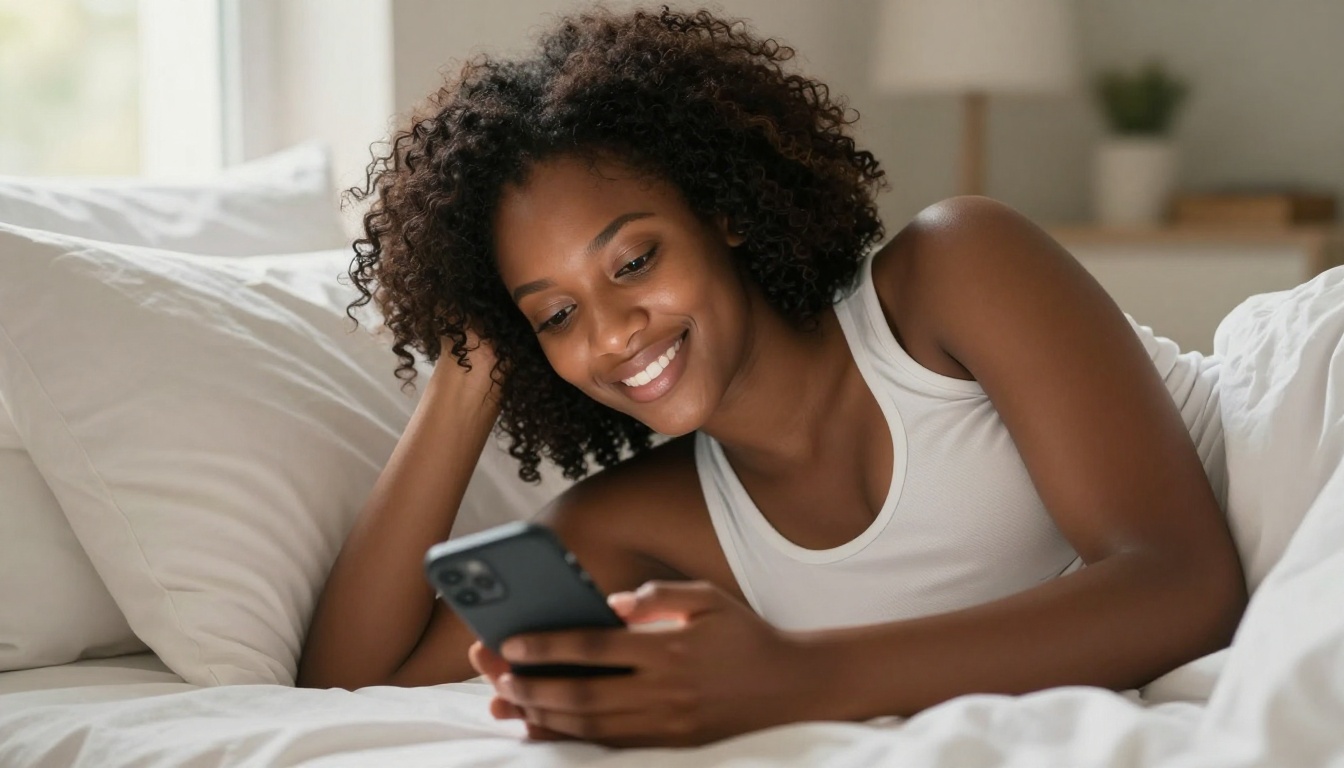 Beautiful woman relaxing on bed reading her phone