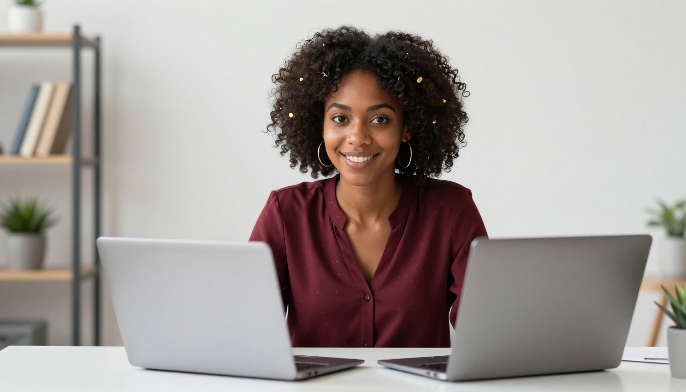 African woman on video call with warm smile in bright modern home office