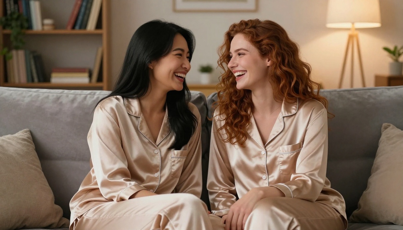 Two women laughing together on grey velvet sofa in matching champagne silk pajamas