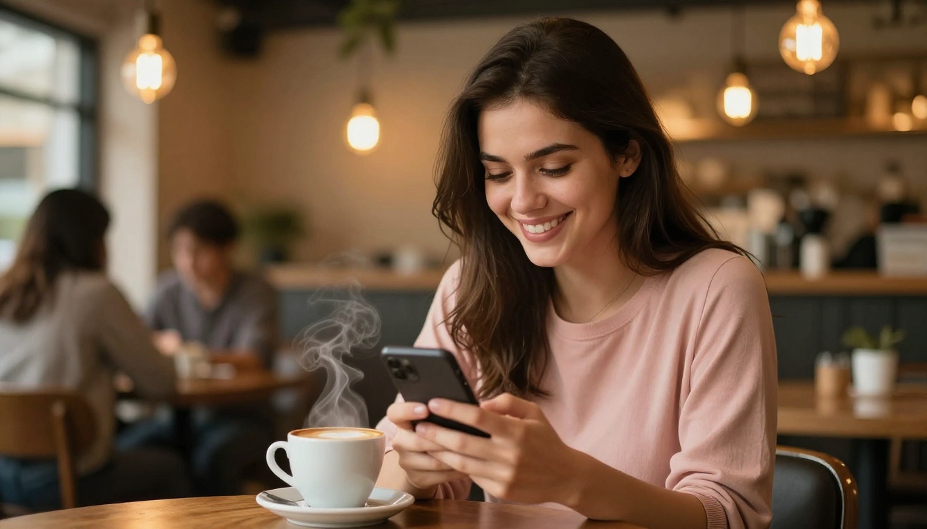 Woman smiling warmly at phone in cozy golden-lit cafe