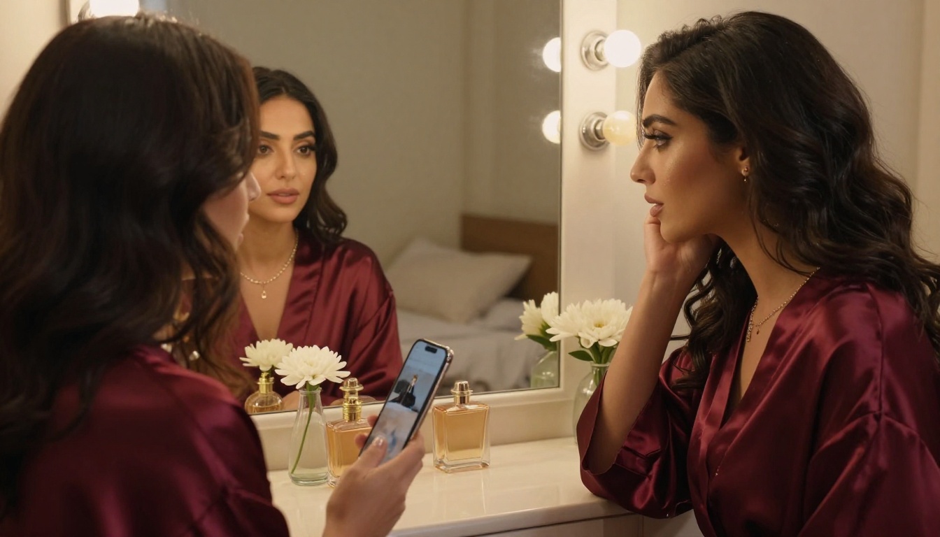 Middle Eastern woman at vanity mirror reflecting her phone