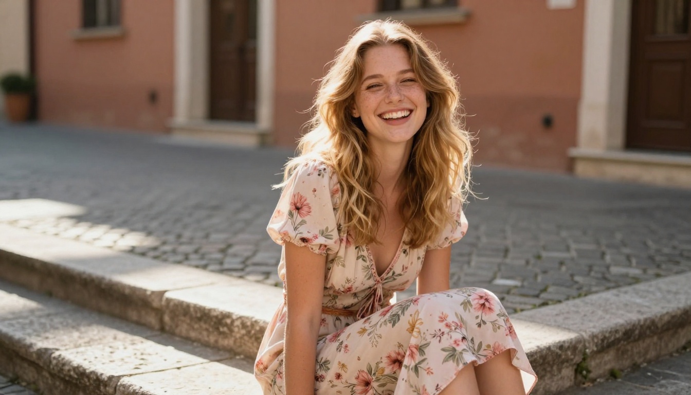 Young European woman laughing on sunlit stone steps, natural joy, honey-blonde hair