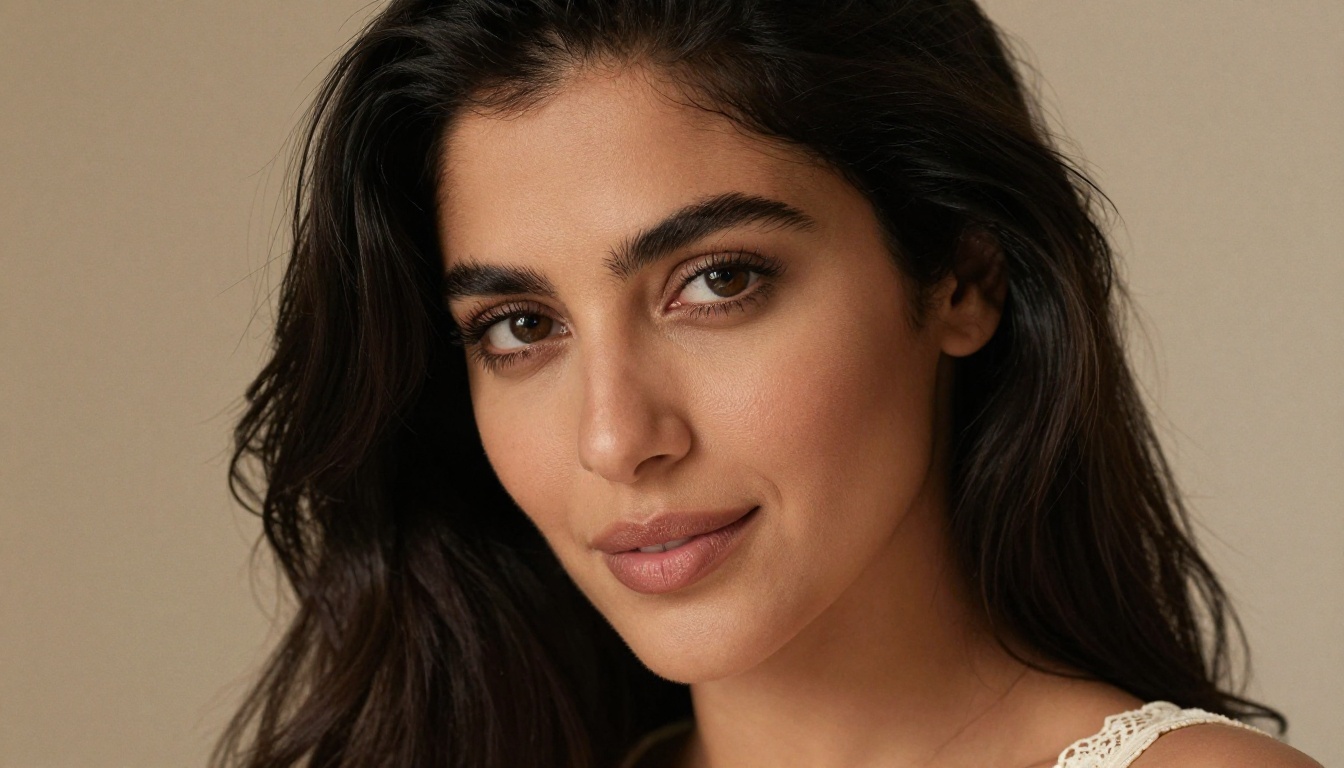 Close-up beauty portrait of Middle Eastern woman with rich dark hair, warm studio light